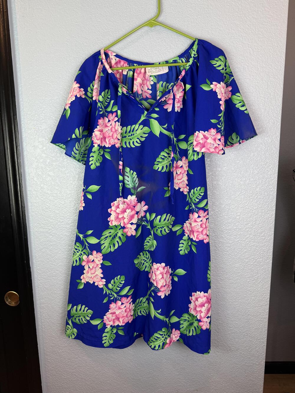 Hilo Hattie Dress Womens Large Blue Floral Hawaiian Aloha Flutter Sleeve Summer